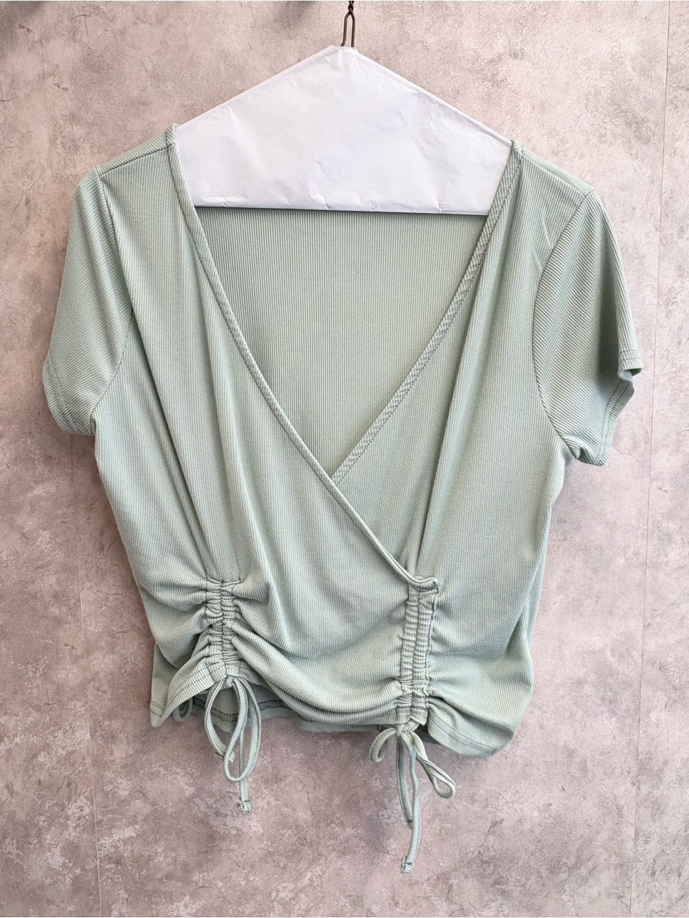 Stella Tweed Mint Wrap Ruched Short Sleeve Crop Top